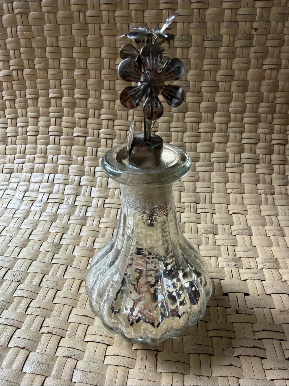 Vintage Mercury Glass Decanter Bottle & Silver Floral Leaves Stopper